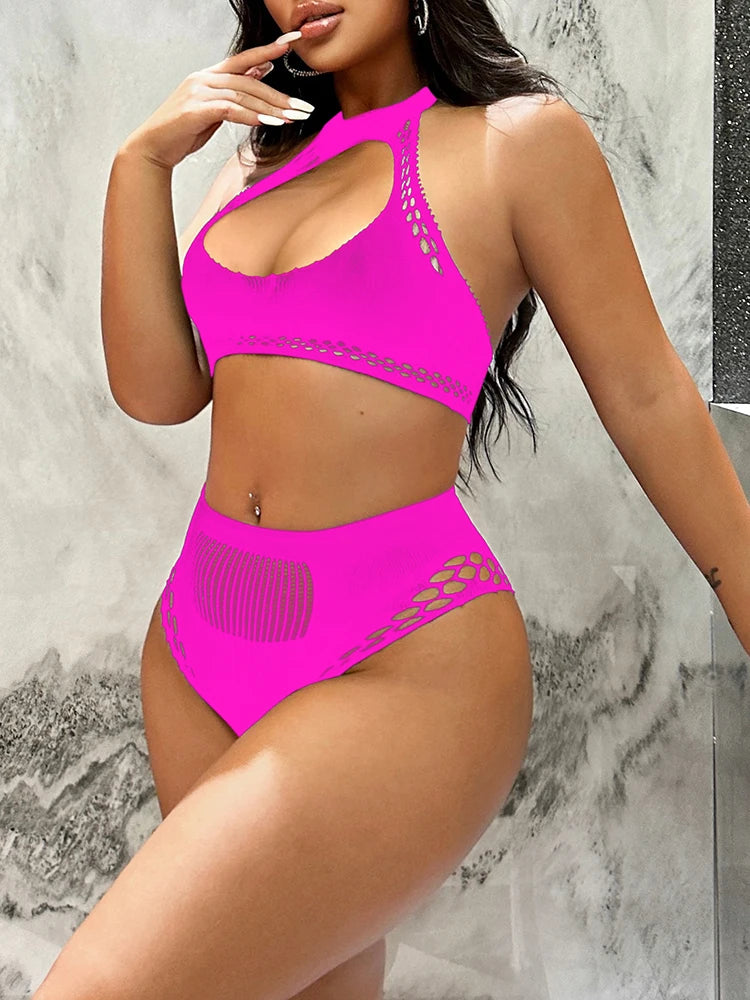 Womens Fishnet Lingerie Sexy Bra and Panty High Waist Sleepwear Two Piece Set Stripper Outfit Pajamas Sleepwear