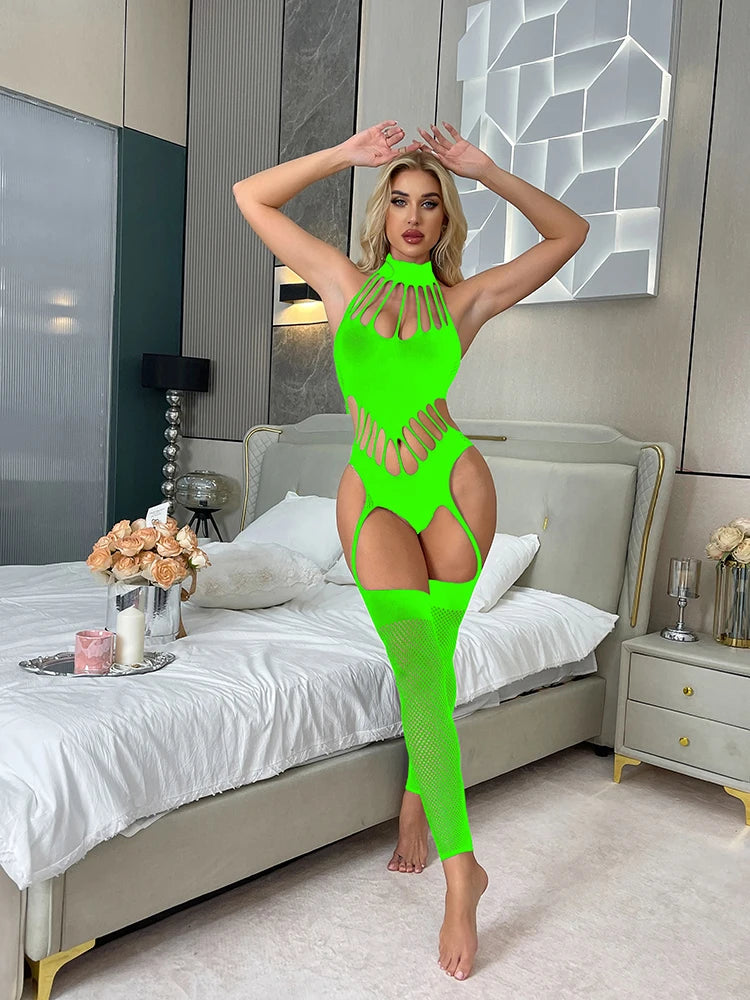 2025 Sexy Straps Crotchless Bodysuit Cutout Sexy Mesh Lingerie Womens Catsuit Open Crotch Pajama Plus Size Bodystocking