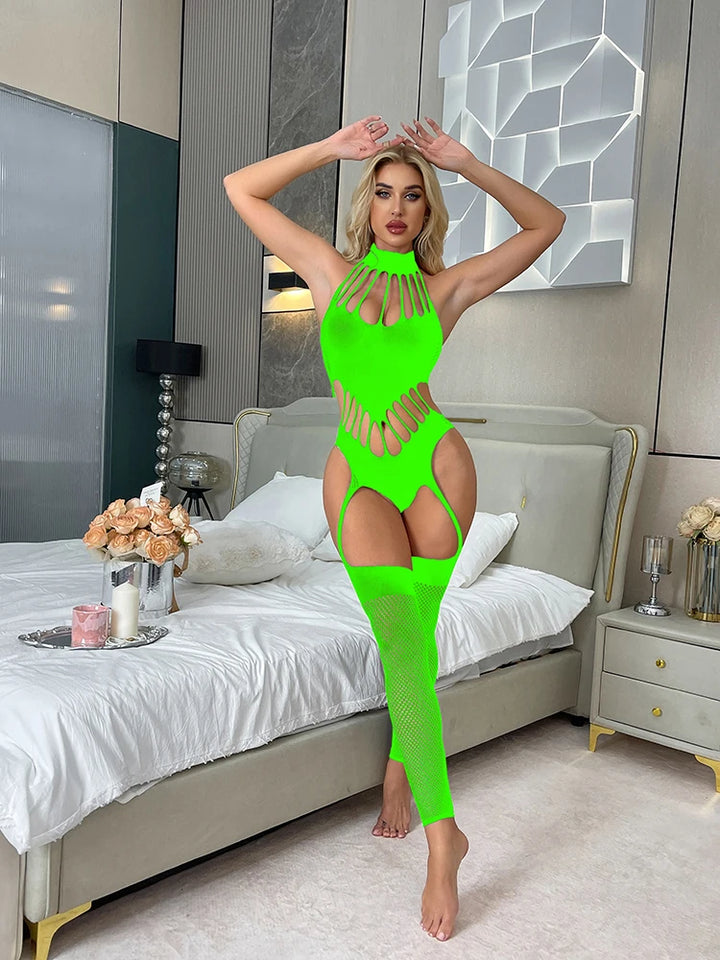 2025 Sexy Straps Crotchless Bodysuit Cutout Sexy Mesh Lingerie Womens Catsuit Open Crotch Pajama Plus Size Bodystocking