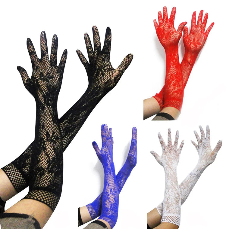 Floral Long Fishnet Mesh Glove Arm Sleeve Theme Party Costume for Women Wedding Bridal Glove Sexy Gantlet Mitten