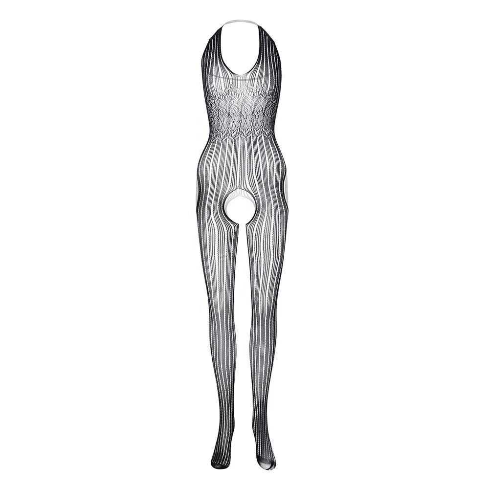 Sexy Halter Full Body Stocking Lingerie Femme Sexy Black Lace Cutout Transparent Bodystocking Open Crotch Stockings