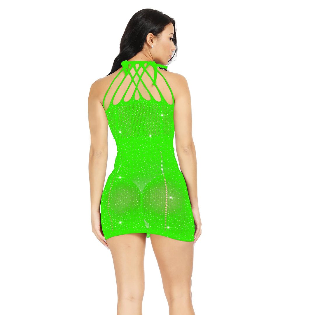 Sexy Halter Fishnets Bodystocking Women's Mesh Sheer Lingerie Erotic Teddy Dress Crystal Rhinestone Babydoll Lingerie