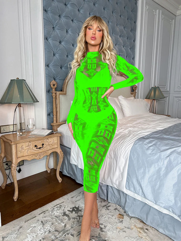 LOGO Designer Sexy Fishnet Stockings Lingerie Women Sexy Transparent  Bodystocking Jumpsuit Long Sleeve Bodysuits