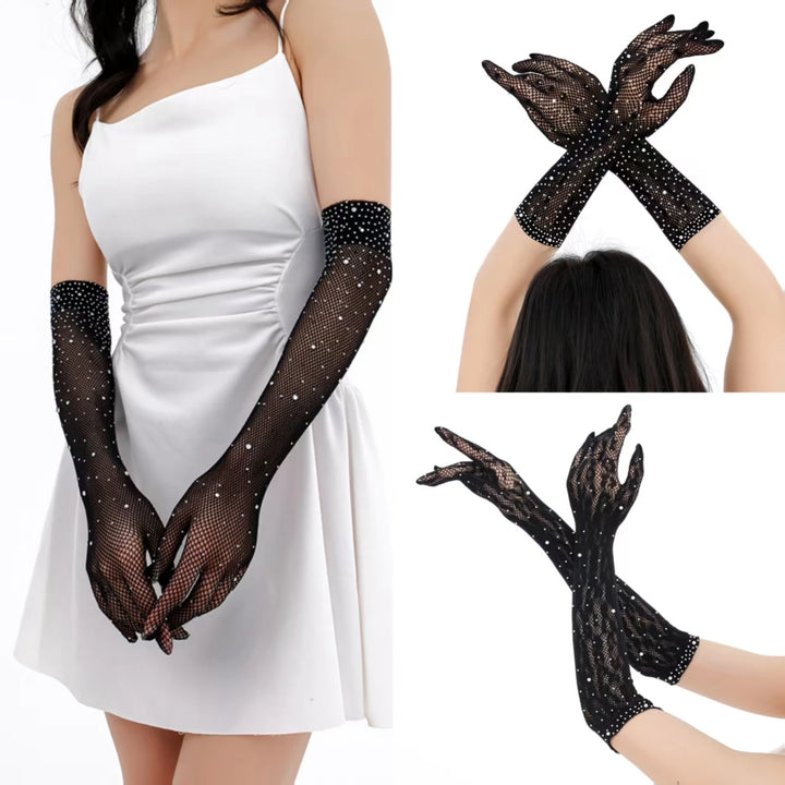 2025 Wholesales Sexy Black Fishnet Gloves with Rhinestones Great Elastic Gothic Mesh Thin Knitted Weave for Party Tzs216