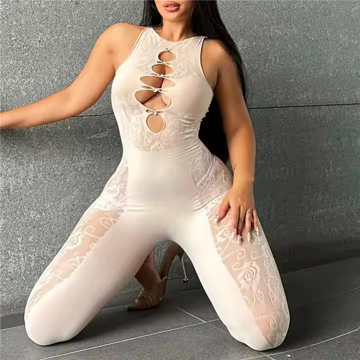 New Fashion Short Playsuit  Nightclub Solid Sleeveless Diamond Bodystocking Sexy See Through Jumpsuit Women Clothing Seamless