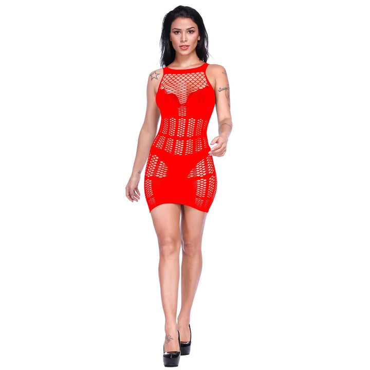 Women Sexy Lingerie Fishnet Hollow Out Stockings Dress Sleeveless Scrunch Butt Mini Dresses Womens Nightwear Bodysuit