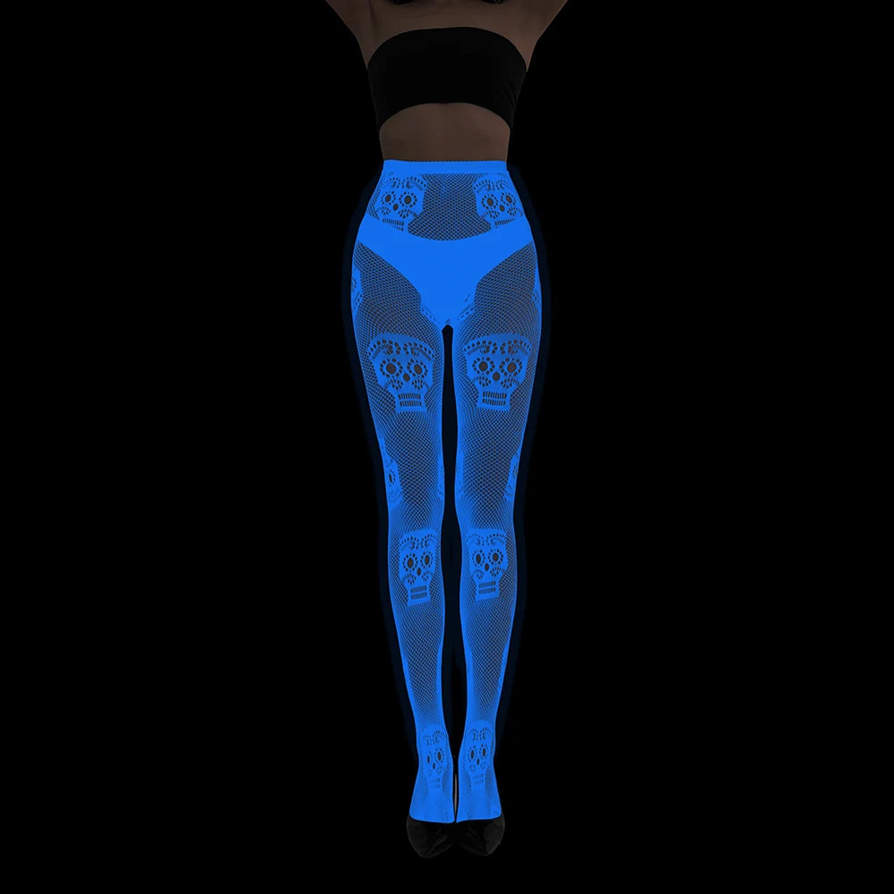 Glow in the Dark Fishnet Stockings Women Sexy Floral Jacquard Pantyhose Tights Nightclub Dance Nylon Luminous Hosiery