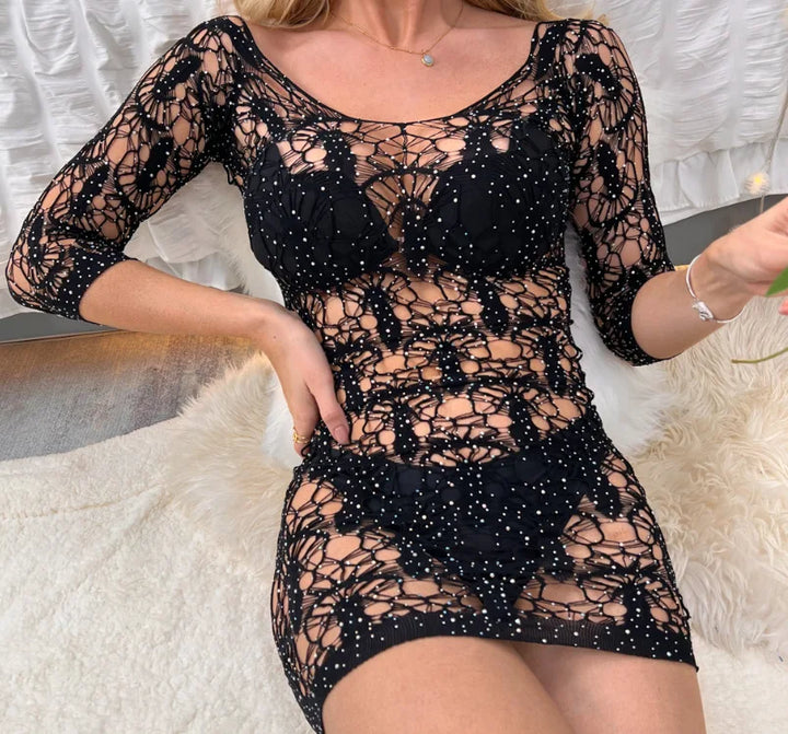 Babydoll Lingerie Sheer Fishnet Body Stockings Spider Rhinestone Teddy One Piece Crystal Fishnet Panty Dress Lingerie