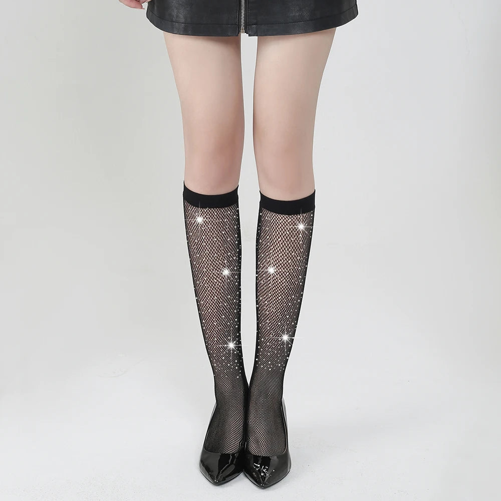 Sexy Rhinestone Nylon Fishnet Long Socks Fashion Decor for Women's Clothing Nylon Hosiery Stockings Lingerie Femme