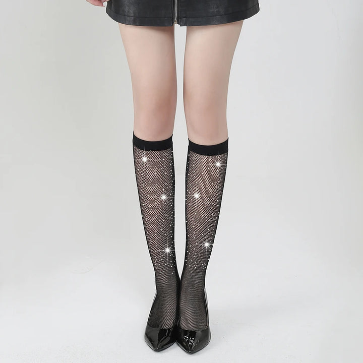 Sexy Rhinestone Nylon Fishnet Long Socks Fashion Decor for Women's Clothing Nylon Hosiery Stockings Lingerie Femme