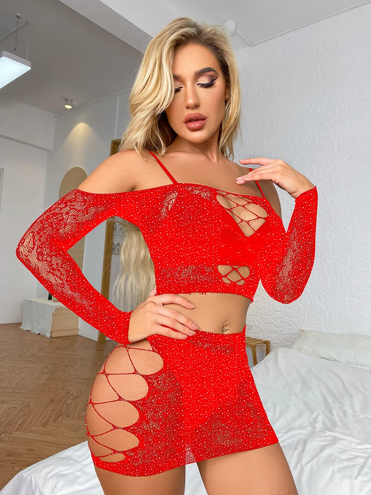 2025 Shine Gemstone Sparkle Lingerie 2 Piece Set Women Underwear Body Stockings Lenceria Sexy Femme Hollow Out Fishnets