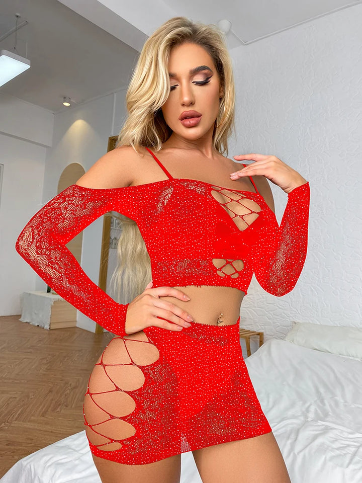 2025 Shine Gemstone Sparkle Lingerie 2 Piece Set Women Underwear Body Stockings Lenceria Sexy Femme Hollow Out Fishnets