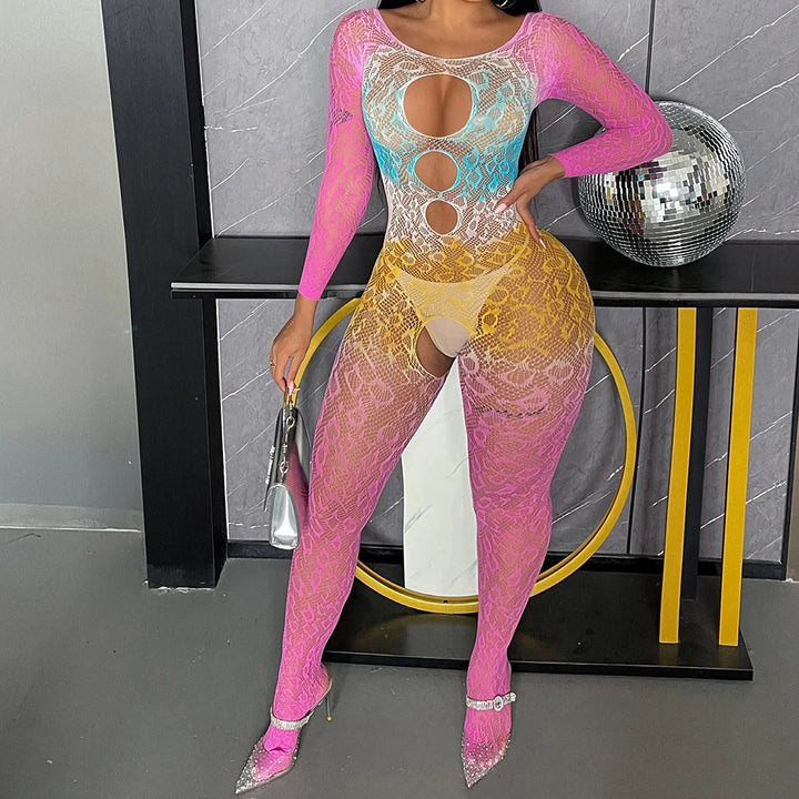 Hot Selling Gradient Tie-Dyed Seamless Transparent Jumpsuit Knitted Breathable Body Stocking Sexy Lingerie G131