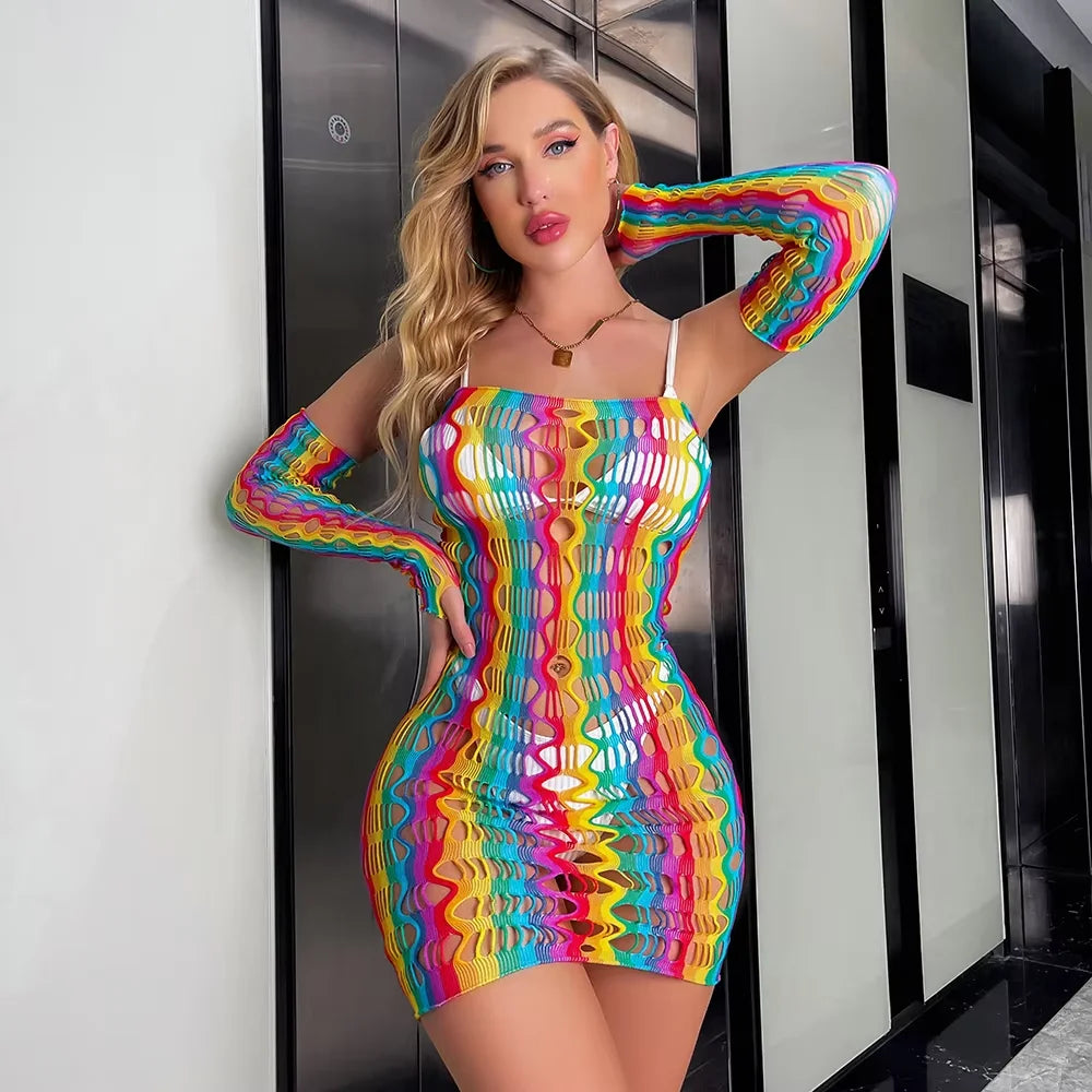 2023 Hot Rainbow Color Bodystocking Women Sexy Lingerie Fishnets Summer Vacation Outfit Hollow Sheer Stockings