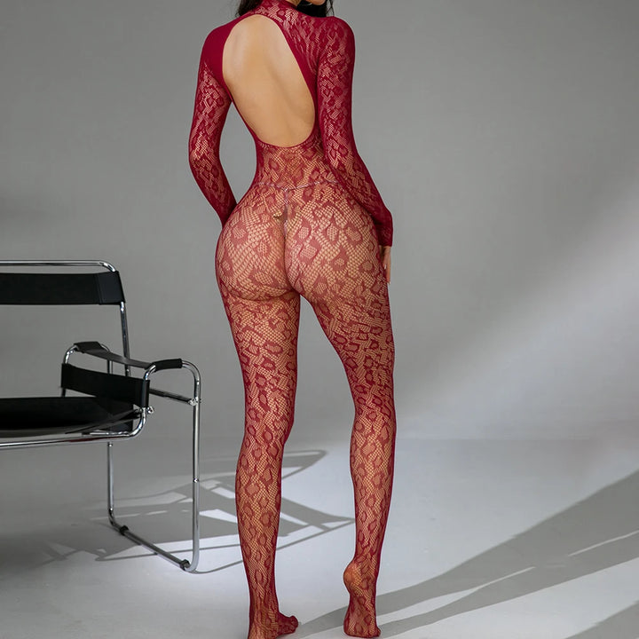 UYW Leopard Fishnet Stockings Full Body Sexy Crotchless Lingerie Dress Backless Body Fishnes Stocking Stripper Outfit