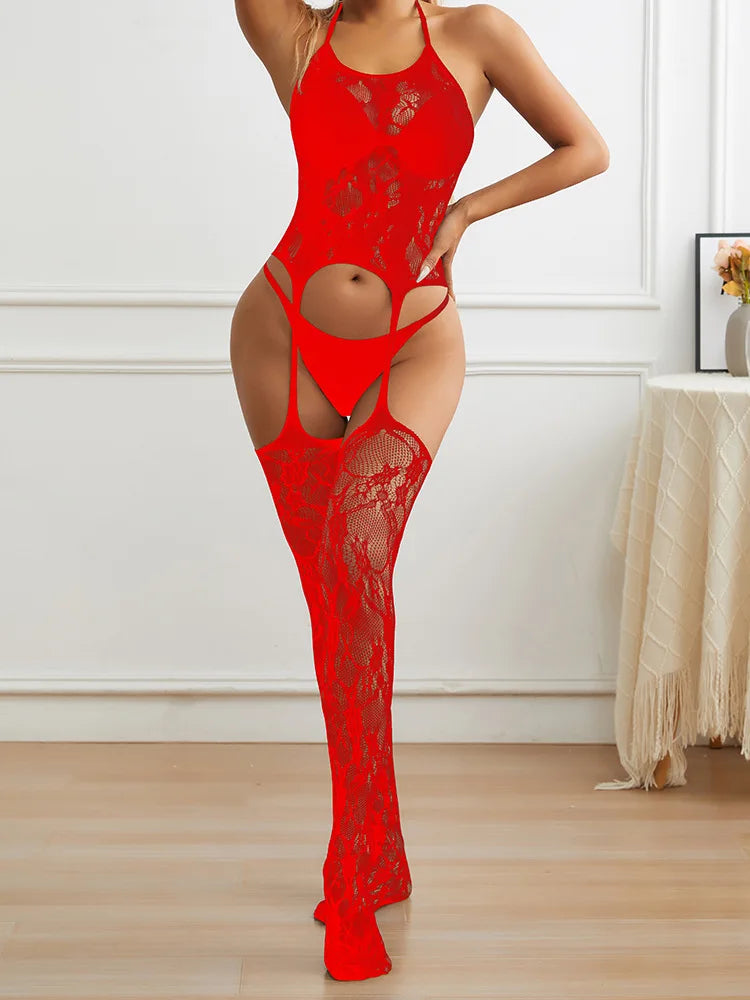 Wholesale Full Body Lace See Through Bodystocking Lingerie Femme Sexy Garters Belt Stockings Mature Girls Mesh Romper