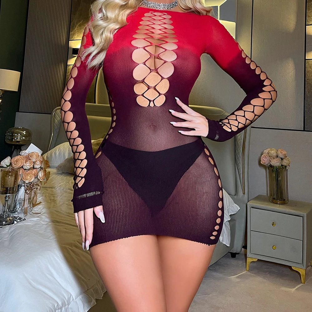 2025 New Colorful Gradient Fishnet Body Stocking Sexy Babydoll Lingerie Bodycon Evening Dress See Through Bodysuit