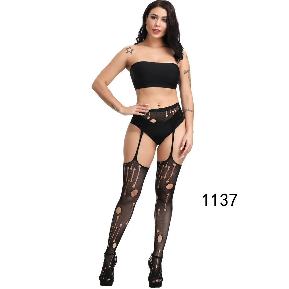 2025 Suspender Pantyhose Nylon Stockings Fishnet Lace Thigh High Garter Belt Stockings Women's Exotic Lingerie Woman