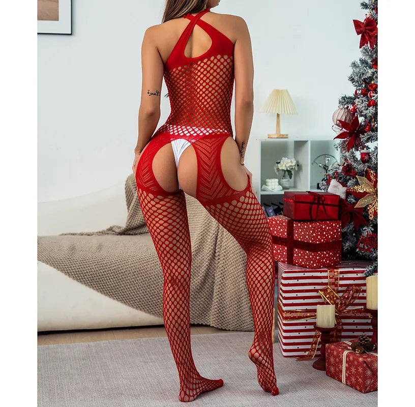 Hot Sale Sexy Women Carnival Red Stockings Full Plus Big Fishnet Bodysuit Open Crotch Nightwear Bodystocking W291