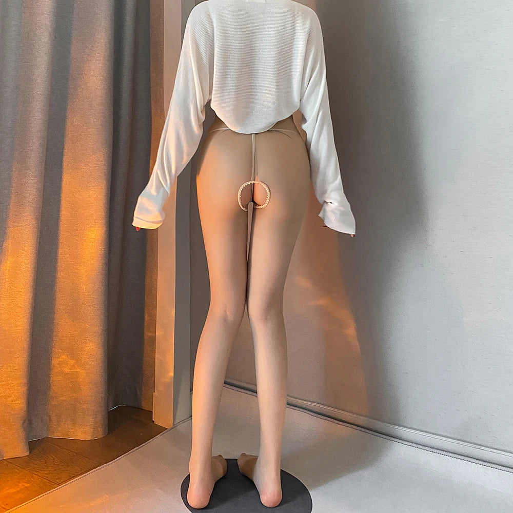 Women Sex Costumes Sleepwear Mature Sheer Sexy Erotic Silk Pink Stockings Silk Thin High Tights Crotchless Lingerie