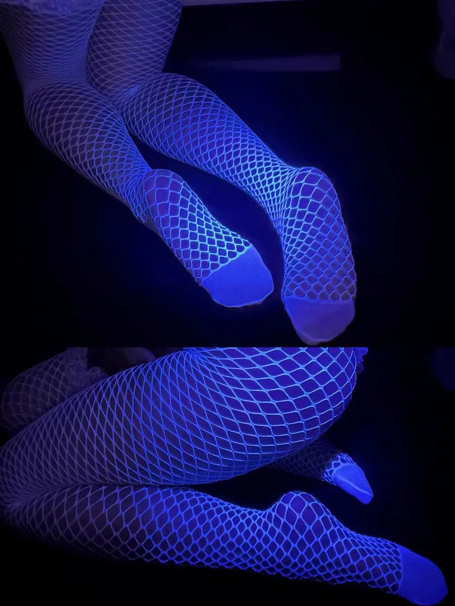 Sexy Nightwear Dress Glow in the Dark Fishnet Stockings High Waist Night-Glow Tights Party Luminous Stockings for Womens