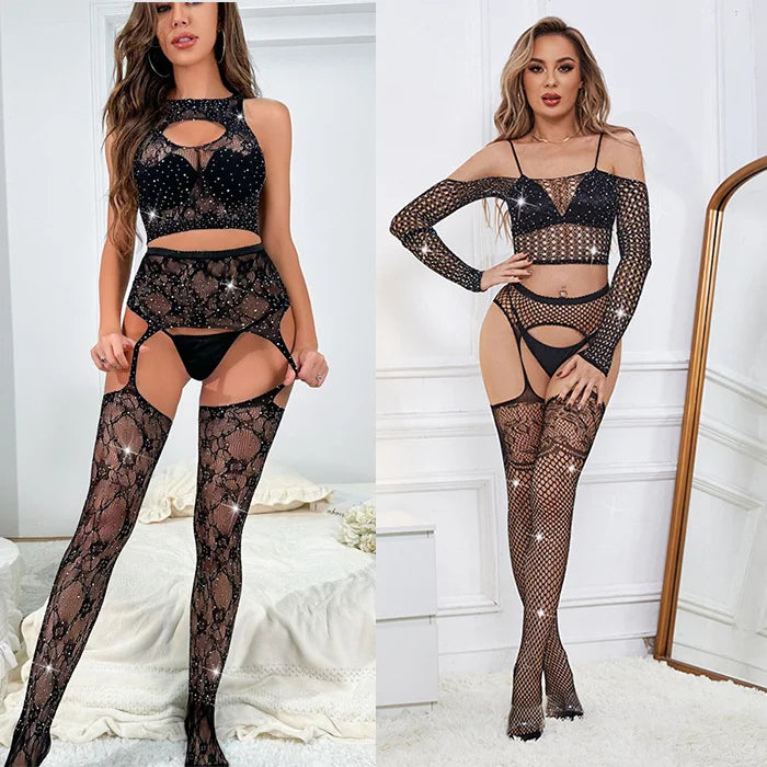 2024 INS Rhinestone Stocking Sexy Cutout Lace Silk Stockings Womens Sexy Lingerie Bra Nylon Fishnet Pantyhose Tights