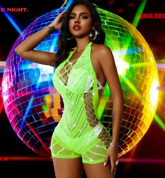 Lingerie with Sparkle Rhinestones Woman Sexy Mini Dresses Fishnet Babydoll Nightwear Cut Out Gemstone Bodysuit Chemise