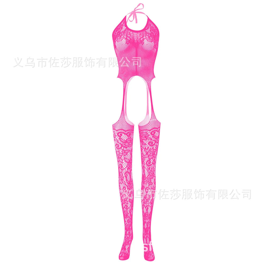 One Size Fits Black Floral Pattern Fishnet Bodystocking Attached Stockings Sexy Lingerie Crotchless Mesh Suspender Tights