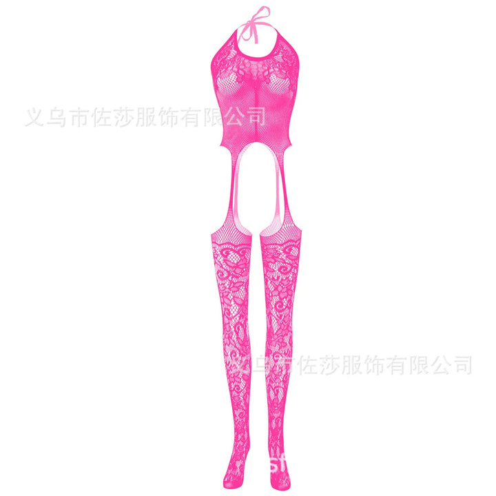 One Size Fits Black Floral Pattern Fishnet Bodystocking Attached Stockings Sexy Lingerie Crotchless Mesh Suspender Tights