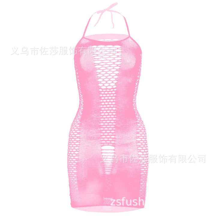 2024 New off Shoulder Red Hollow Out Strap Nylon Women Fishnet Dress Lingerie Bodystocking Plus Size for Women W319