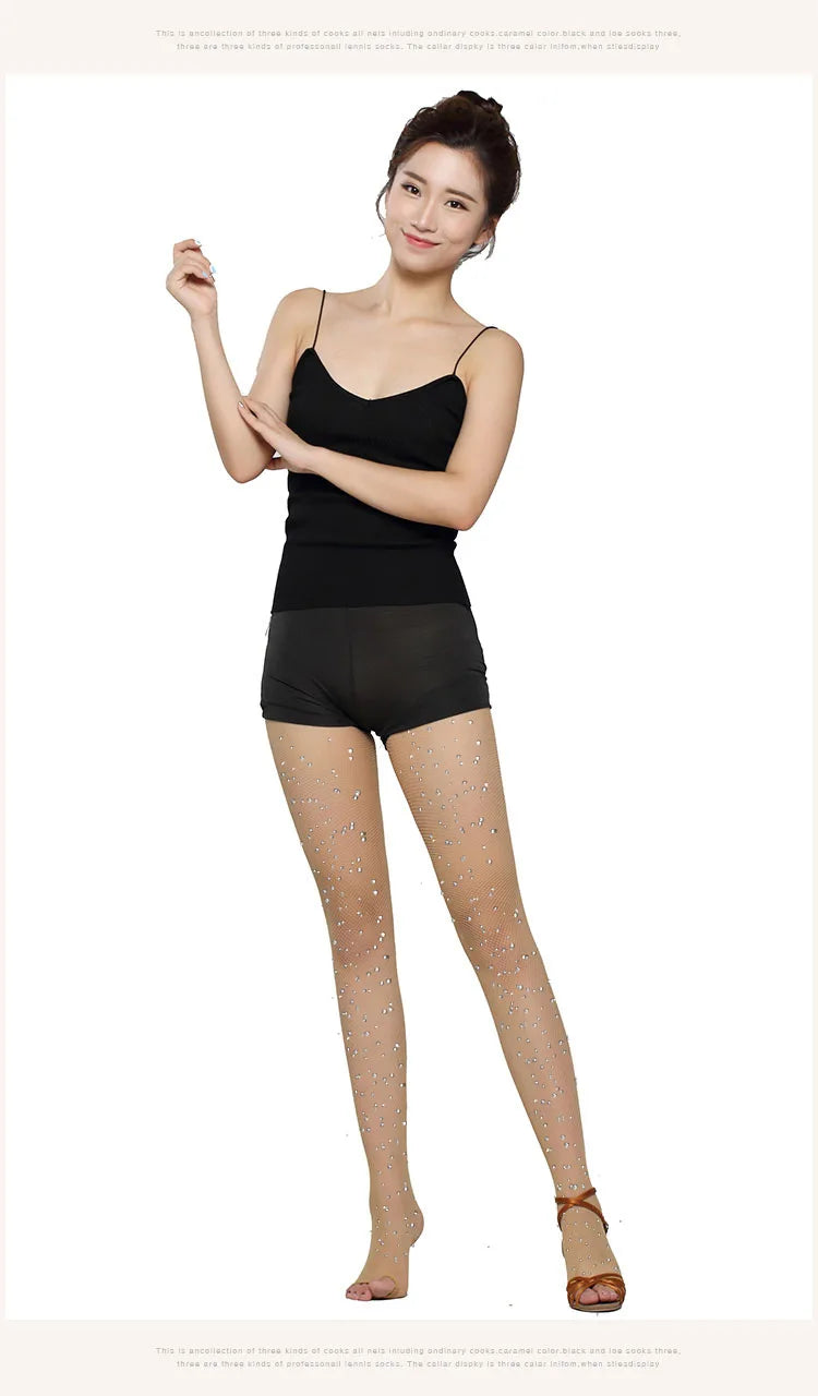 Latin Practice Dance Tight Seamless Small Hole Fishnet Stockings With Cotton Crotch Sparkle Glitter Diamond Tights