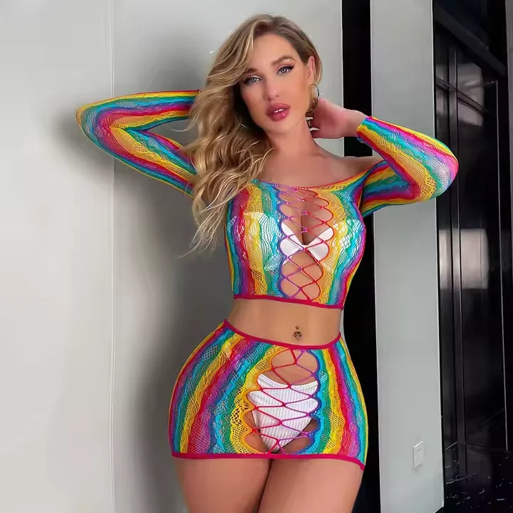 2023 Hot Rainbow Color Bodystocking Women Sexy Lingerie Fishnets Summer Vacation Outfit Hollow Sheer Stockings