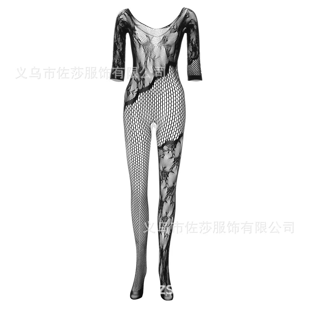 Black Dress Hollow Out Erotic Floral Lace Sexy Fat Women Plus Size Lingerie Fishnet Bodystocking WIth Handcuffs