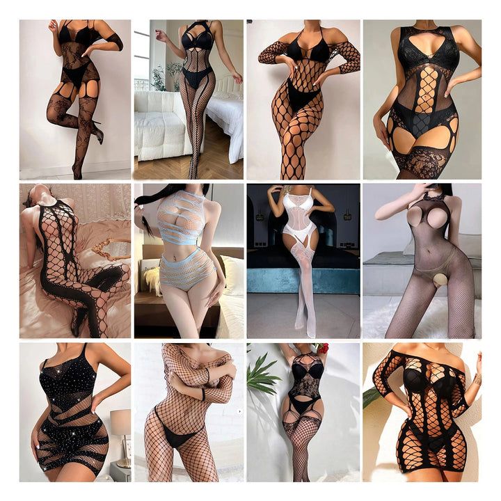 2025 Plus Size Chubby Women's Lingerie Fishnet Bodystocking Sheer Full Body Dress Sparkle Rhinestone Mesh Hollow Out Fishnets
