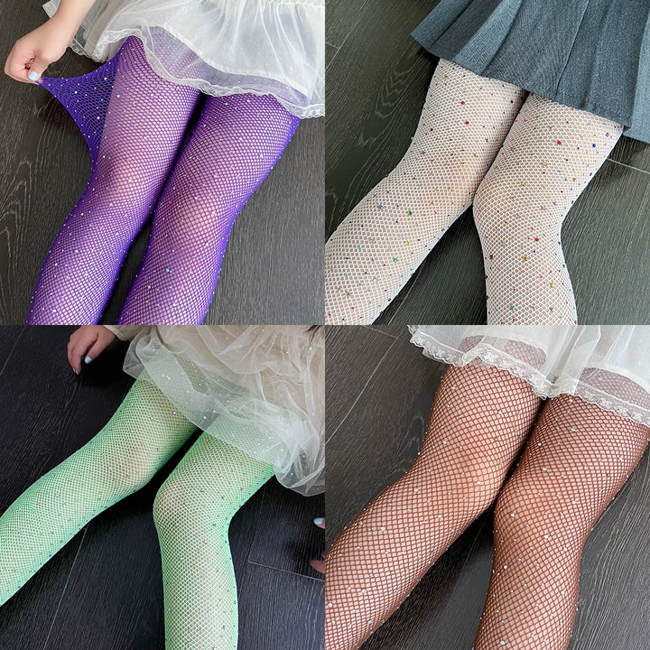 Children Rhinestone Fishnets Pantyhose White Diamond Sparkle Stockings Baby Costumes Cotton Crotch Fishnets Socks