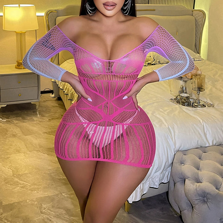 Women's Summer Fashion New Gradient Mesh Dress Sexy Underwear with Hollow Design Light Control Level Bodysuits Made Nylon W845