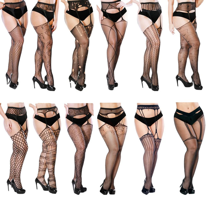 2025 Suspender Pantyhose Nylon Stockings Fishnet Lace Thigh High Garter Belt Stockings Women's Exotic Lingerie Woman