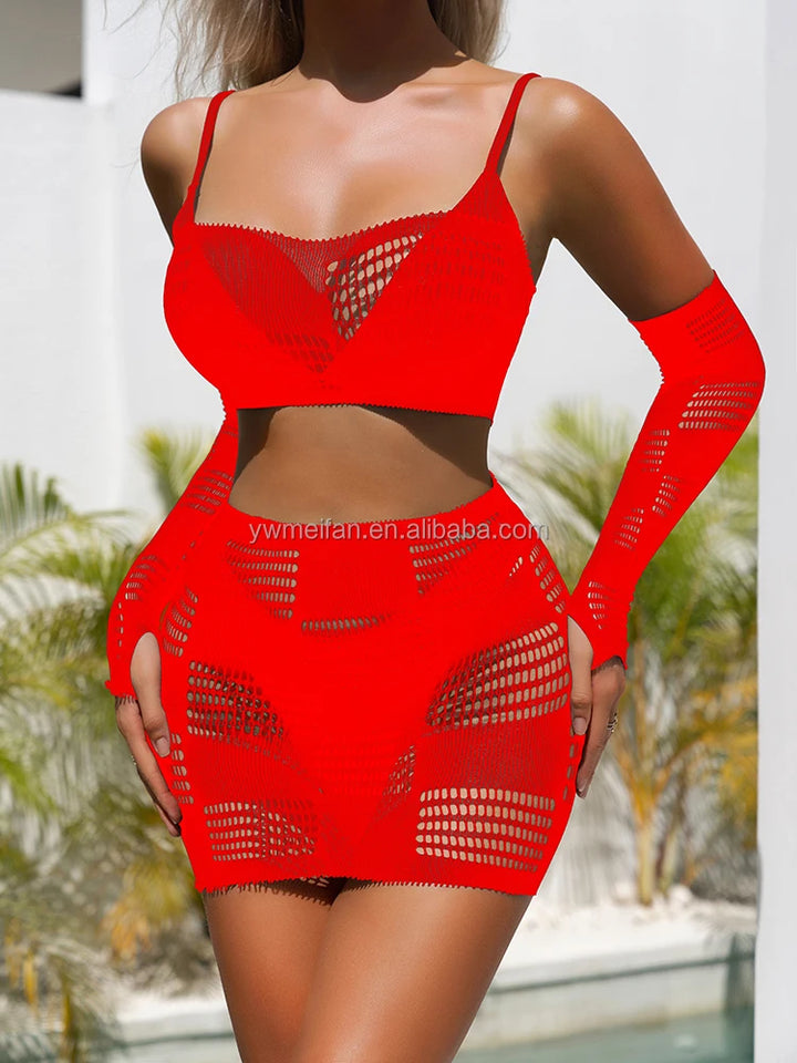 2pcs Dresses Sets Sexy Mesh Lingerie Pajama Summer Sexy Beach Sets Hollow Out Bodystocking Chemise