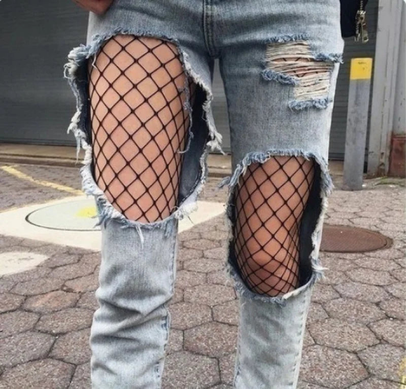 Women's Sexy Black Mesh Pantyhose Middle Mesh Fishnet Punk Dress Sexy Lingerie Nylon Hollow Out Pantyhose