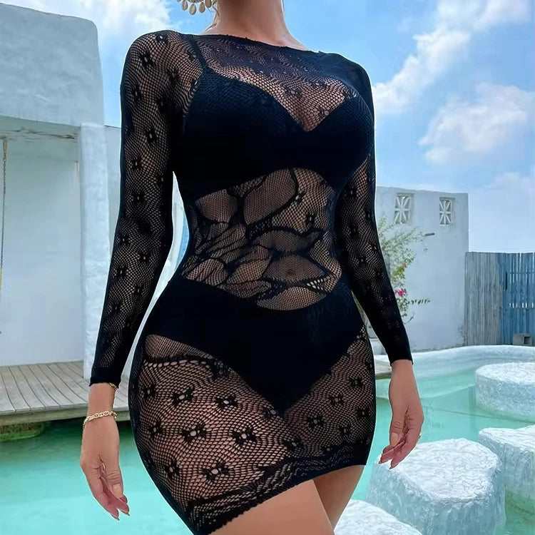 Black Sexy Mesh Lingerie Sets Women Hollow Out Bikini Beach Bodysuit Nightwear Jumpsuit Women Sexy Bodystocking