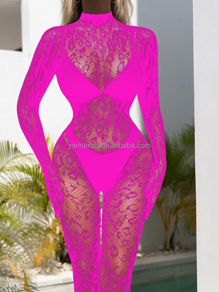 NEW Leopard Single Sleeve Bodystocking Women Doll Mesh Erotic Lingerie Stockings Full Body Enceria Sexy Long Sleeve Bodysuit