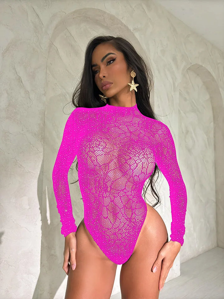 Vintage Stylish Fishnet Dress Rhinestone Bikini Hosiery Stockings Long Sleeve Floral Body Stocking Lingerie Femme Sexy