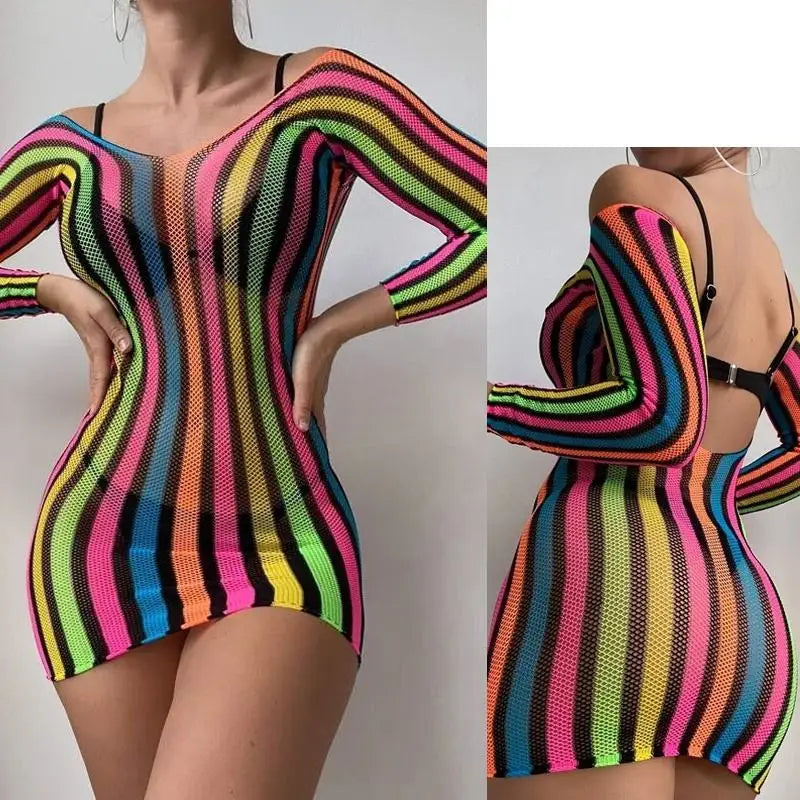 Lingerie Manufacturer  Rainbow Fishnet Women's Underwear Wholesale Bodysuits Exotic Costumes Bodystocking Transparent