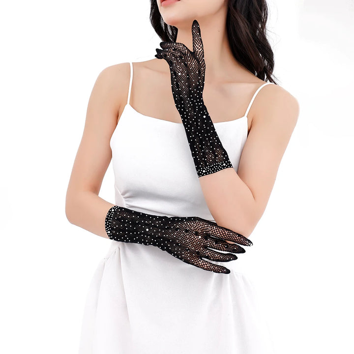 2025 Wholesales Sexy Black Fishnet Gloves with Rhinestones Great Elastic Gothic Mesh Thin Knitted Weave for Party Tzs216