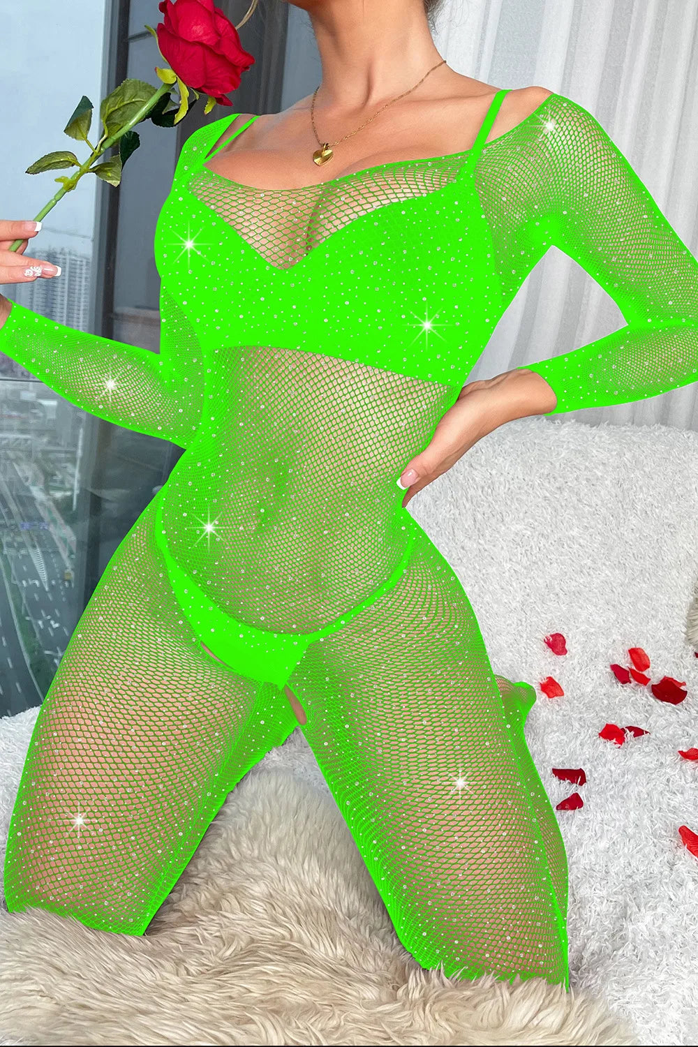 Rhinestone Bodystocking for Women Sexy Glitter Shiny Fishnets Bodysuit Black Diamond Jumpsuit Tights Mesh Lingerie