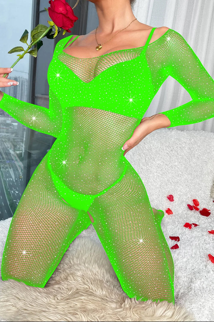 Rhinestone Bodystocking for Women Sexy Glitter Shiny Fishnets Bodysuit Black Diamond Jumpsuit Tights Mesh Lingerie