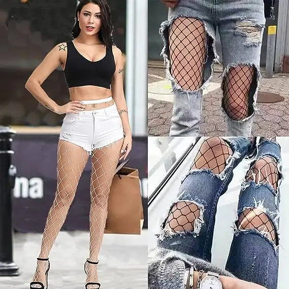 Women's Sexy Black Mesh Pantyhose Middle Mesh Fishnet Punk Dress Sexy Lingerie Nylon Hollow Out Pantyhose