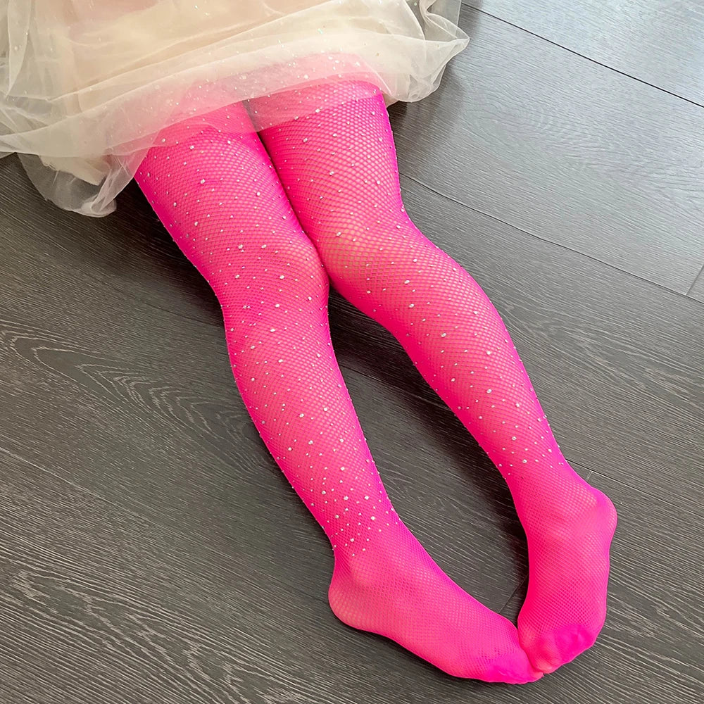 Children Rhinestone Fishnets Pantyhose White Diamond Sparkle Stockings Baby Costumes Cotton Crotch Fishnets Socks