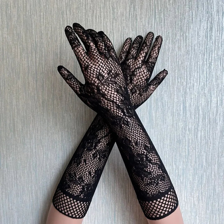 Floral Long Fishnet Mesh Glove Arm Sleeve Theme Party Costume for Women Wedding Bridal Glove Sexy Gantlet Mitten