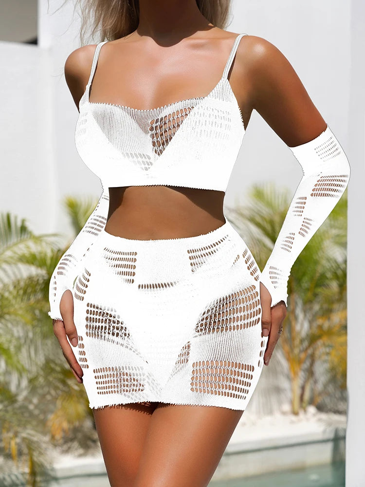 Hollow Out Fishnet Jumpsuit Three Piece Set Women's Clothing Plus Size Chemise Sexy Erotic Lingerie Bodystocking Dress